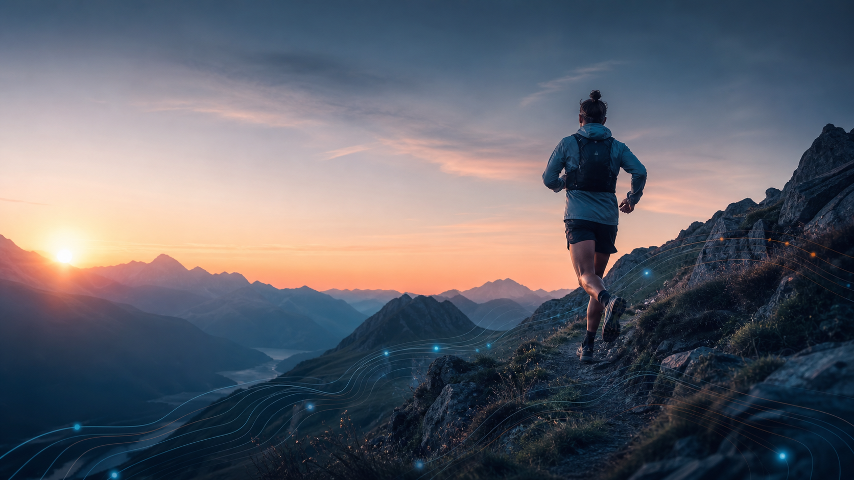 An endurance runner crossing an alpine ridge at sunrise